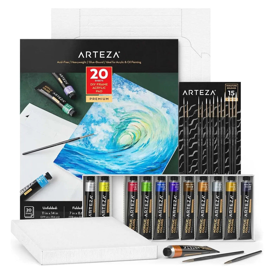 Arteza Metallic Acrylic Painting Art Set, 12 Colors Acrylic Paint, 15 Detail Brushes and 7x8.6 Inches Foldable Canvas Paper Pad Bundle, Art Supplies for Artists & Hobby Painters