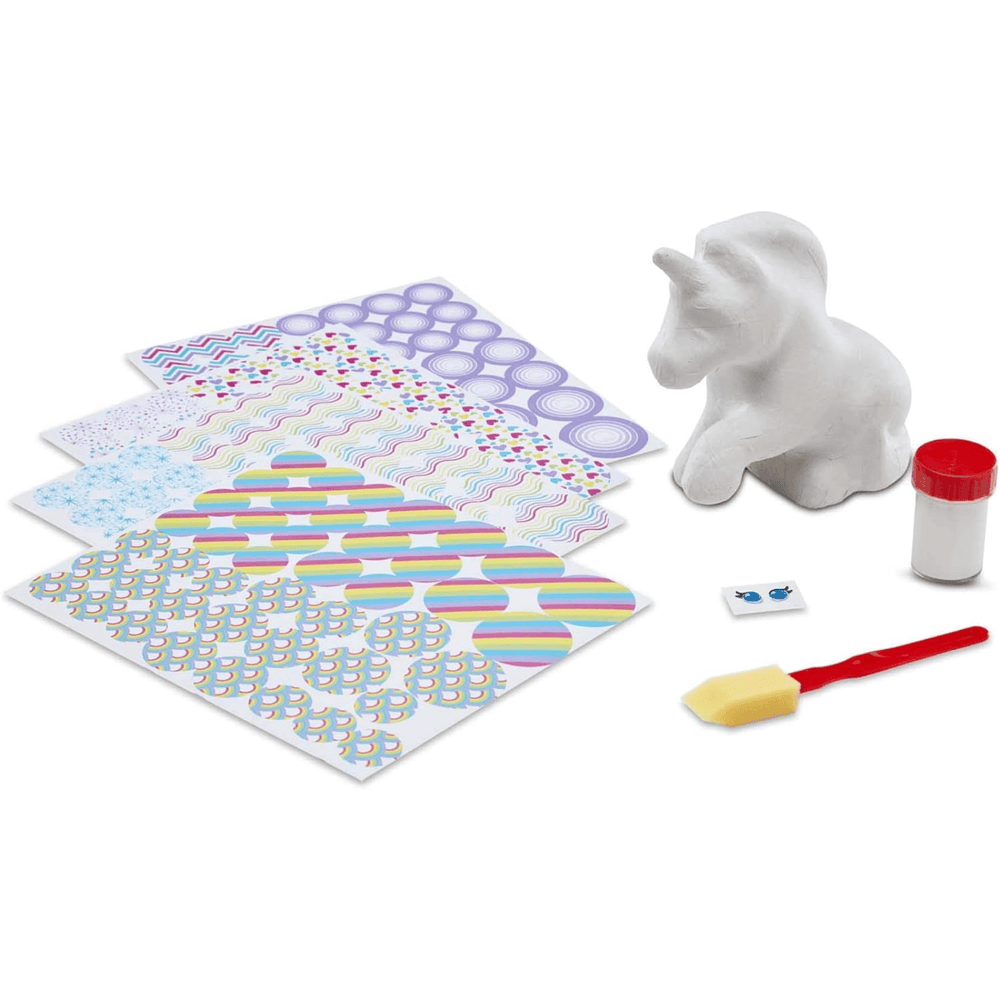 contents include pre cut stickers, foam glue tool, paper mache unicorn, eye stickers and glitter glue