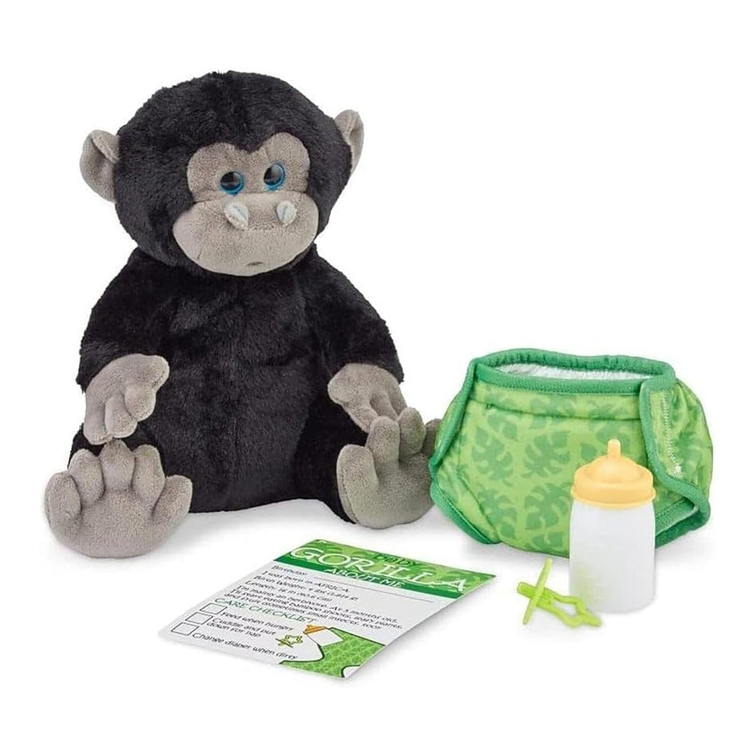 Baby gorilla soft toy with bottle pacifier, nappy and facts card