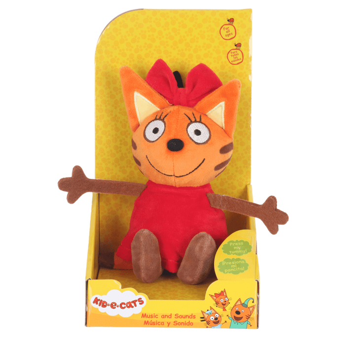 candy kid-e-cat wearing red dress and matching bow, sitting in branded yellow packaging