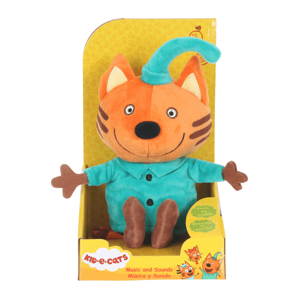 pudding kid-e-cat wearing green top and hat in yellow cardboard packaging