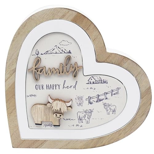 Heart shaped wooden plaque with Highland cows and Family quote