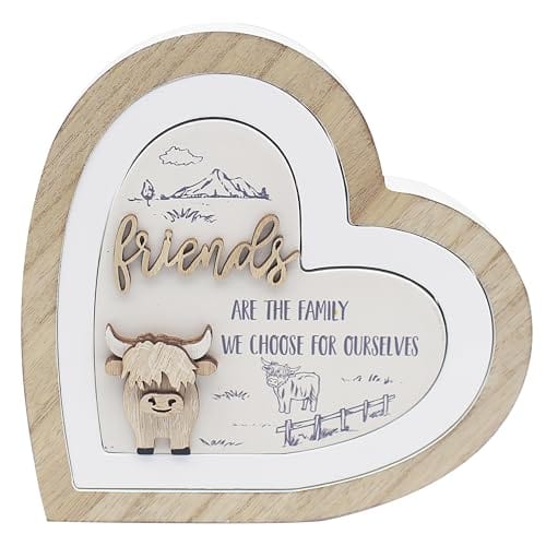 Wooden Heart shape Highland Cow Friends quote plaque