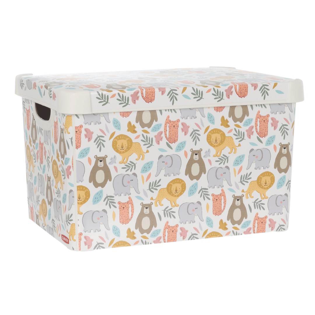 plastic storage box with all over animal print and lid with reinforced corners