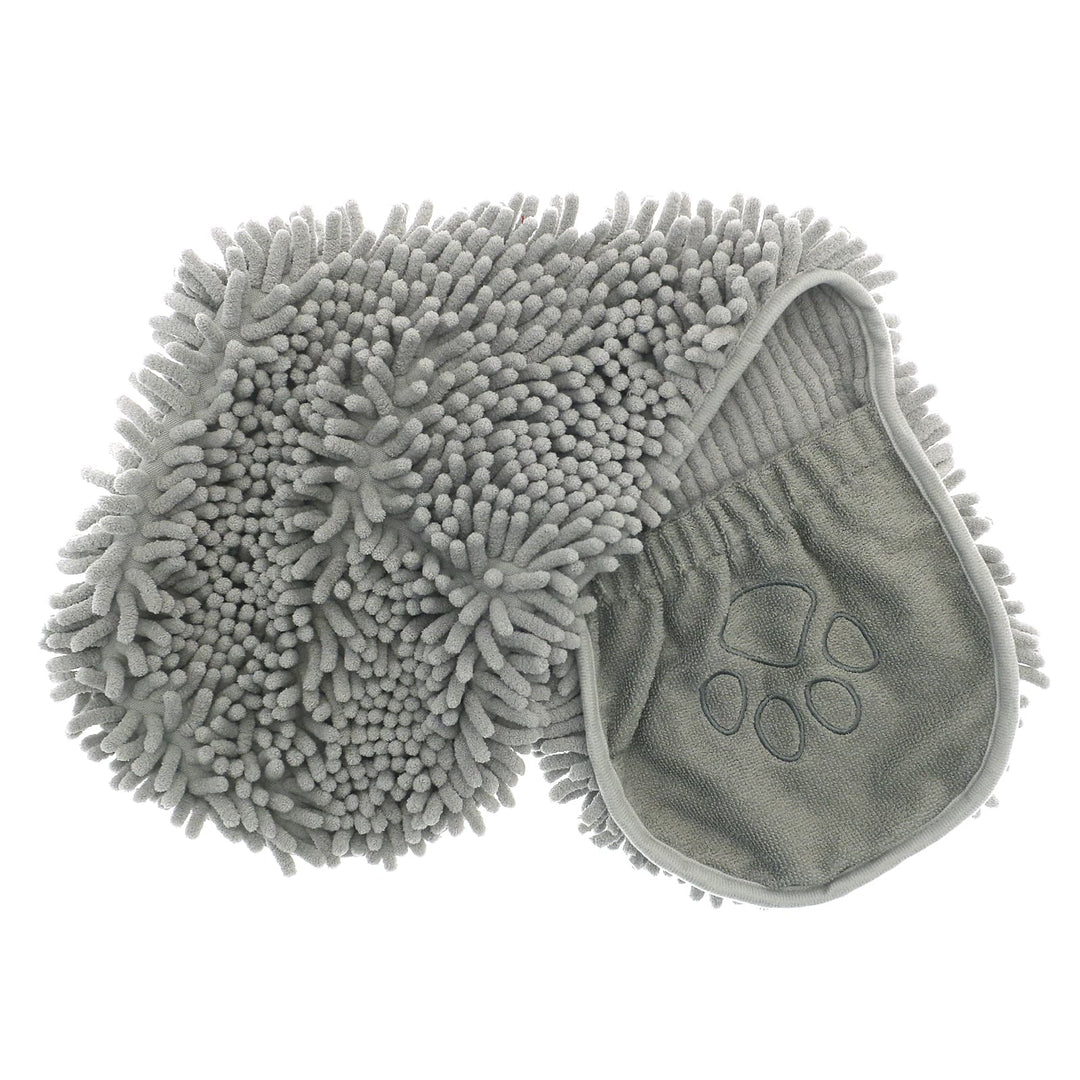 Grey microfibre noodle pet towel in grey with paw print design pockets