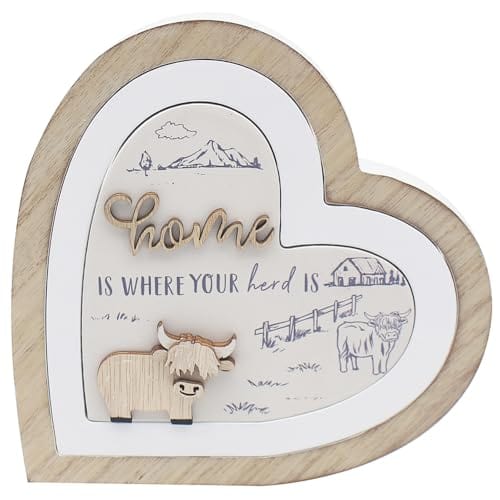 Heart shaped wooden plaque with Highland cows and Home quote