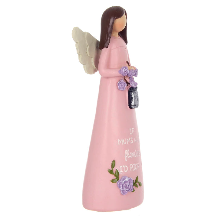 Side view of a pink angel figurine ornament with flowers