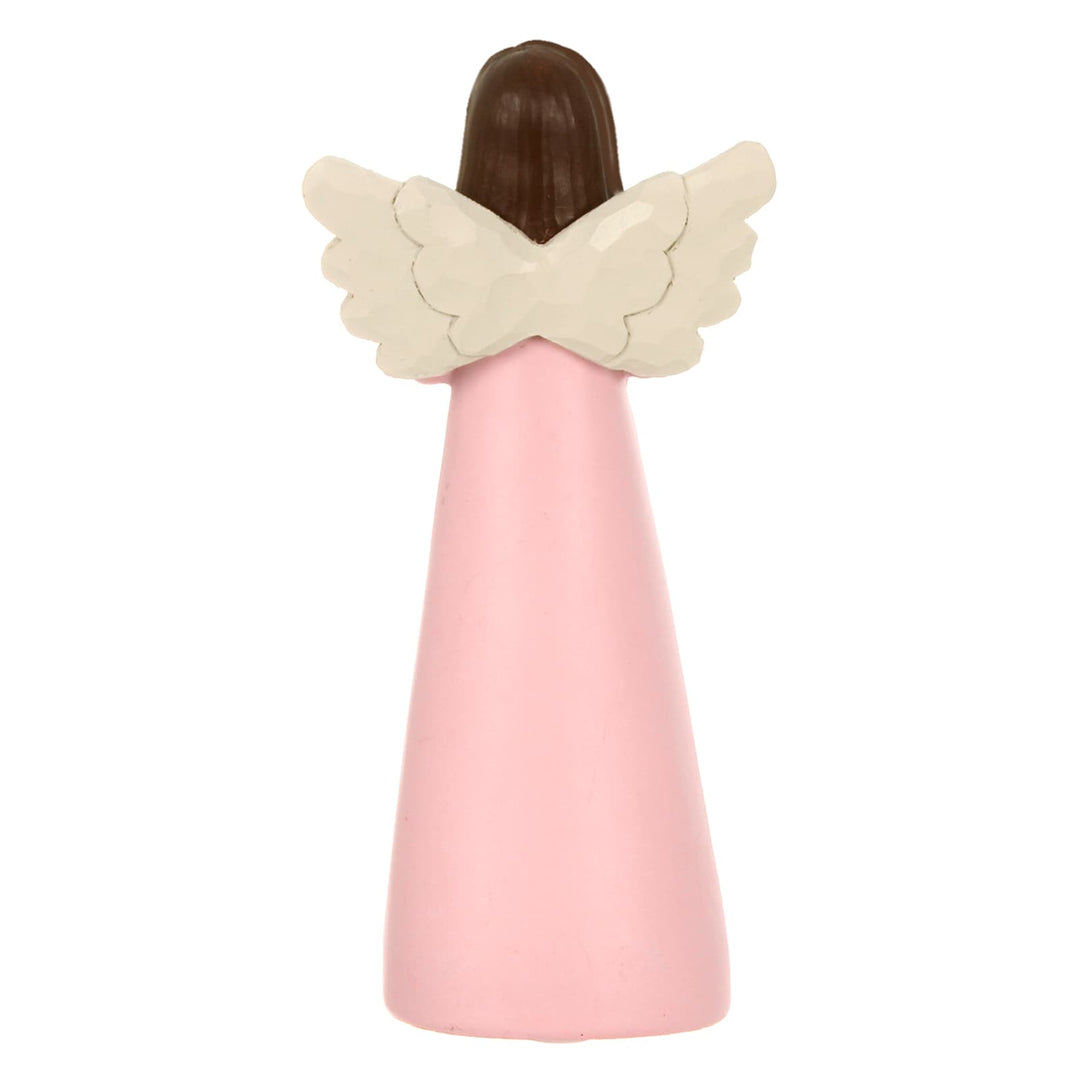 Back view of a pink angel figurine