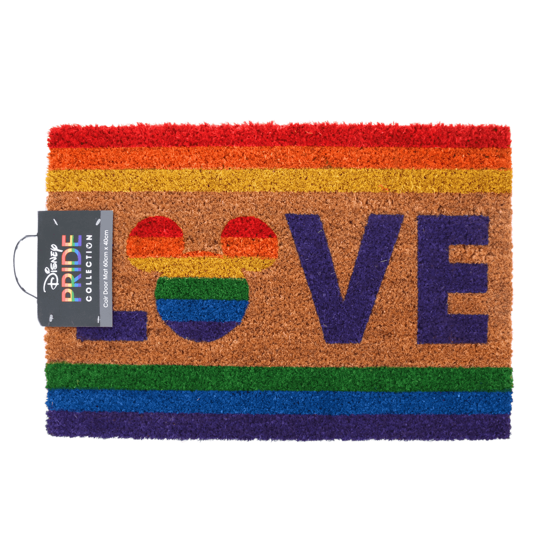 disney pride collection door mat featuring love slogan with mickey mouse head