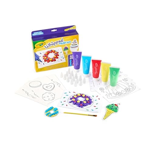 contents of whipped paint kit includes 5 paint tubes, paint brush, colouring sheets, 15 paint nozzles