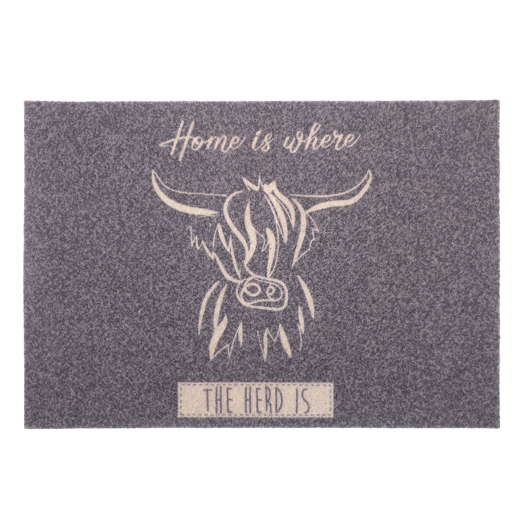 Grey door mat with Highland Cow and slogan home is where the herd is