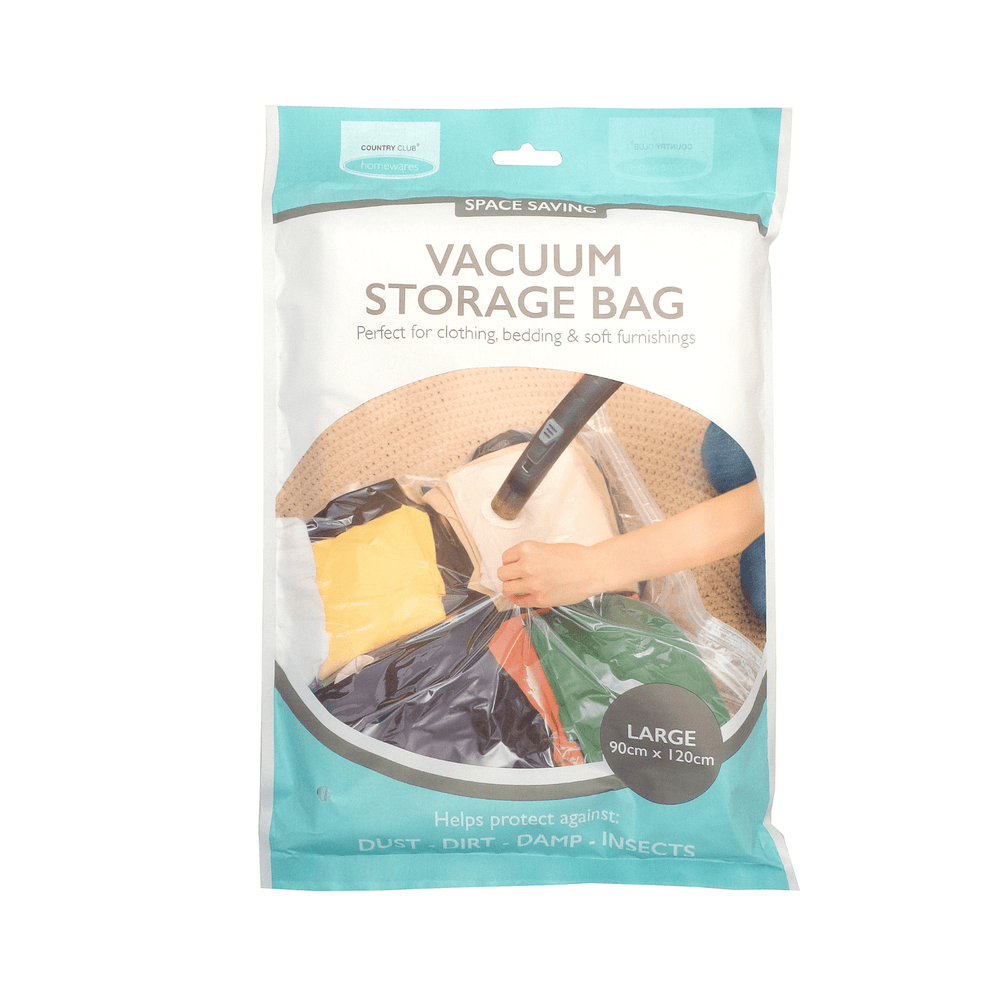 vacuum storage bag packaging in large size with graphic of product in use and details of benefits - protects and saves space