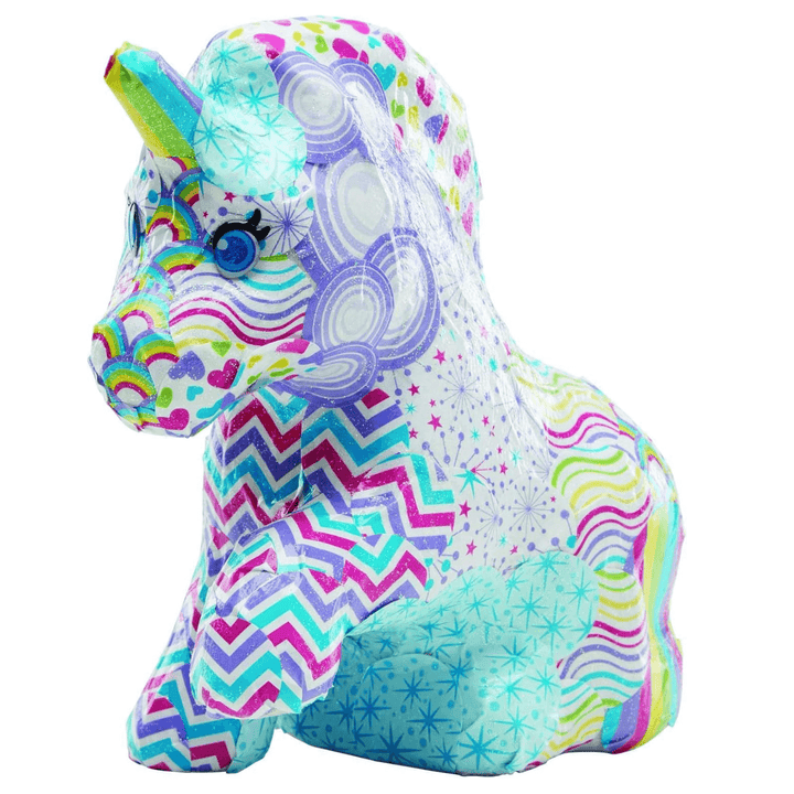 completed unicorn with decoupage design with rainbow colours and fun patterns