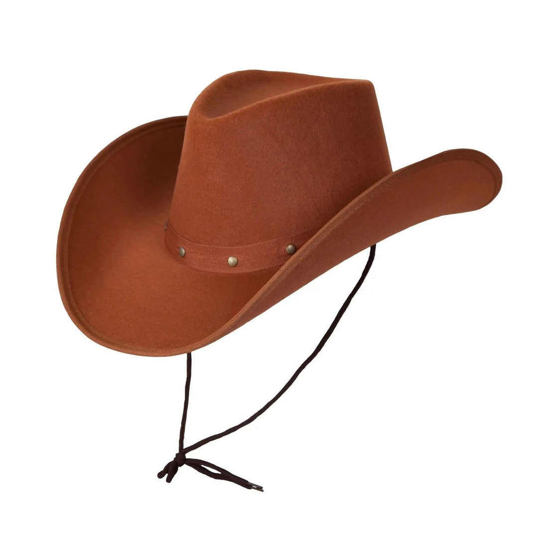 Brown felt cowboy hat with neck cord and studded hat band for fancy dress costumes