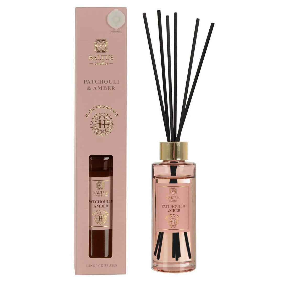 Patchouli & Amber scented luxury diffuser with black reeds and coloured glass bottle