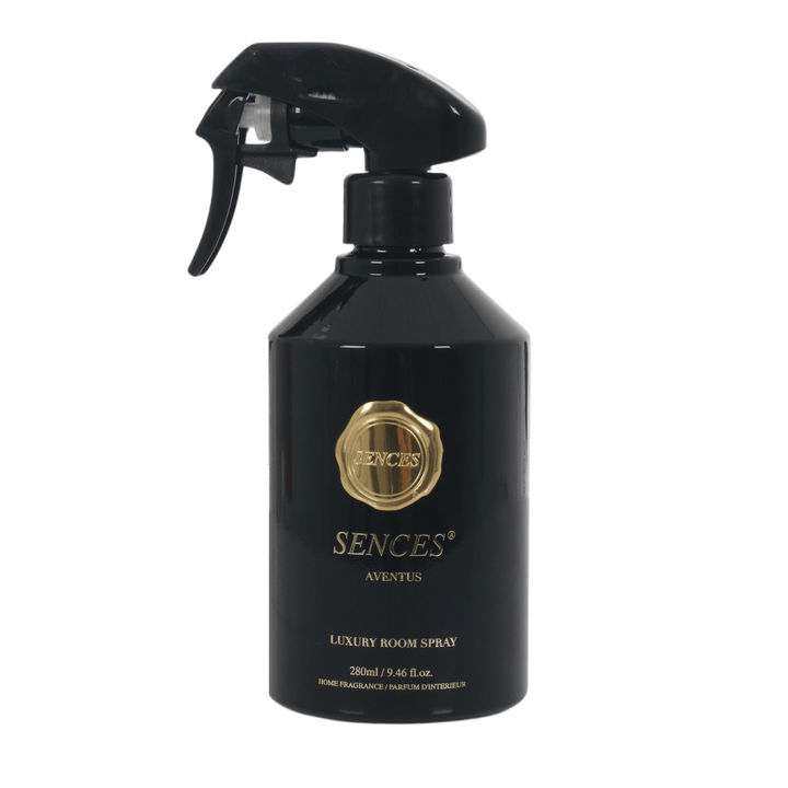 aventus scented room spray in black glass bottle with gold brand and product details