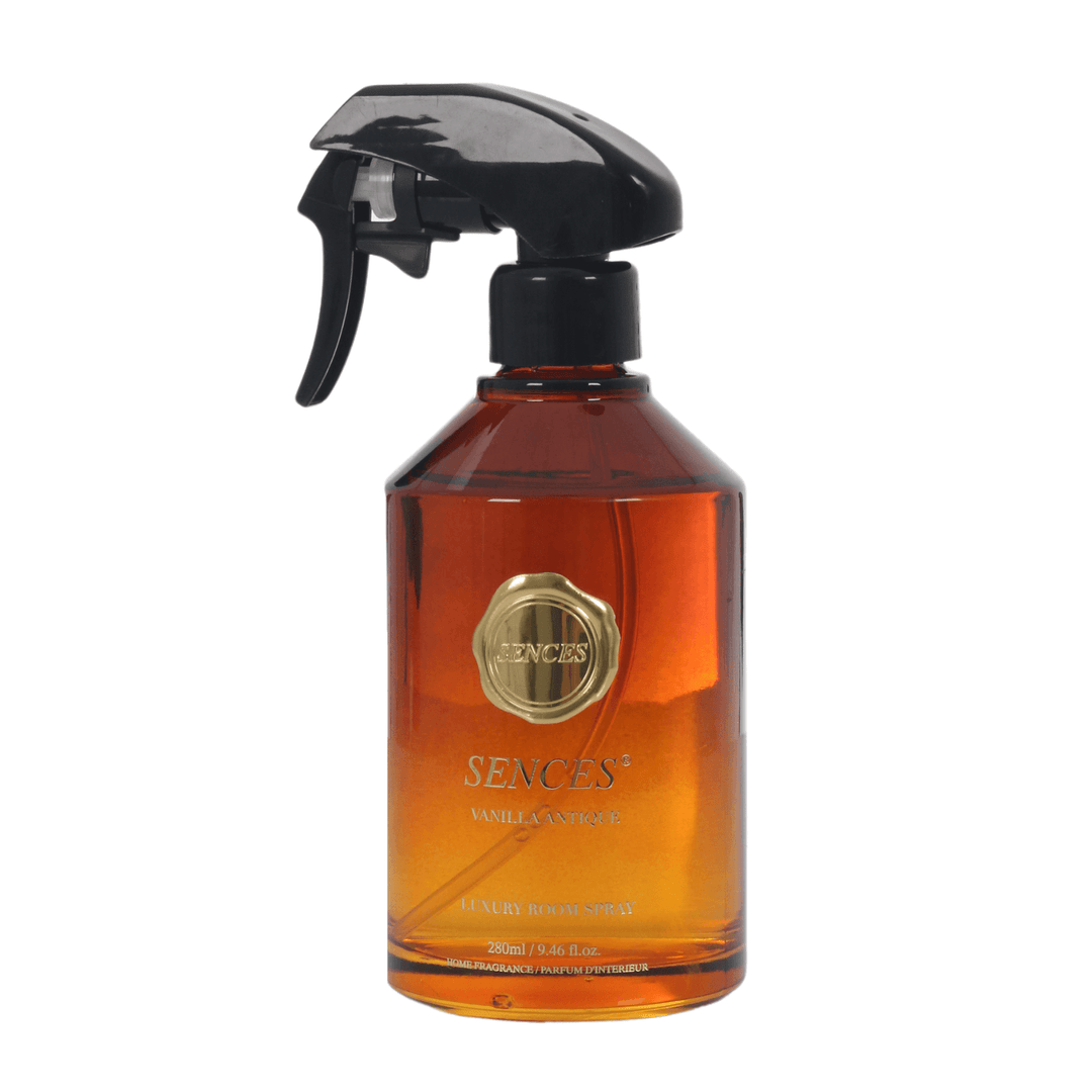 vanilla antique scented room spray in brown glass bottle with gold brand and product details