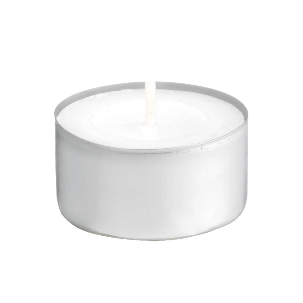 Single white tea light candle with silver holder