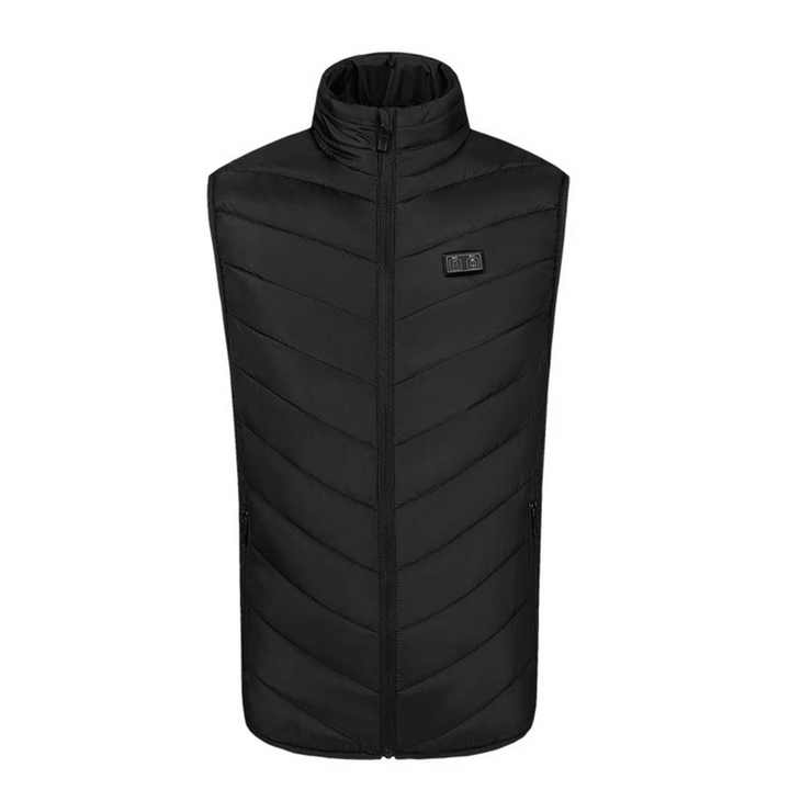 front view of black heated body warmer with high neck and zip fully zipped up