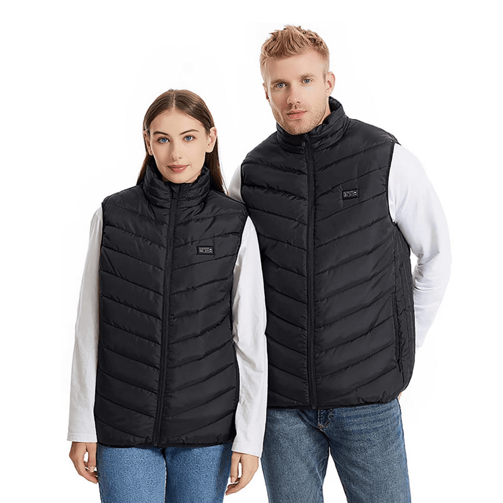 women and male wearing black heated gilets with matching long white sleeves underneath