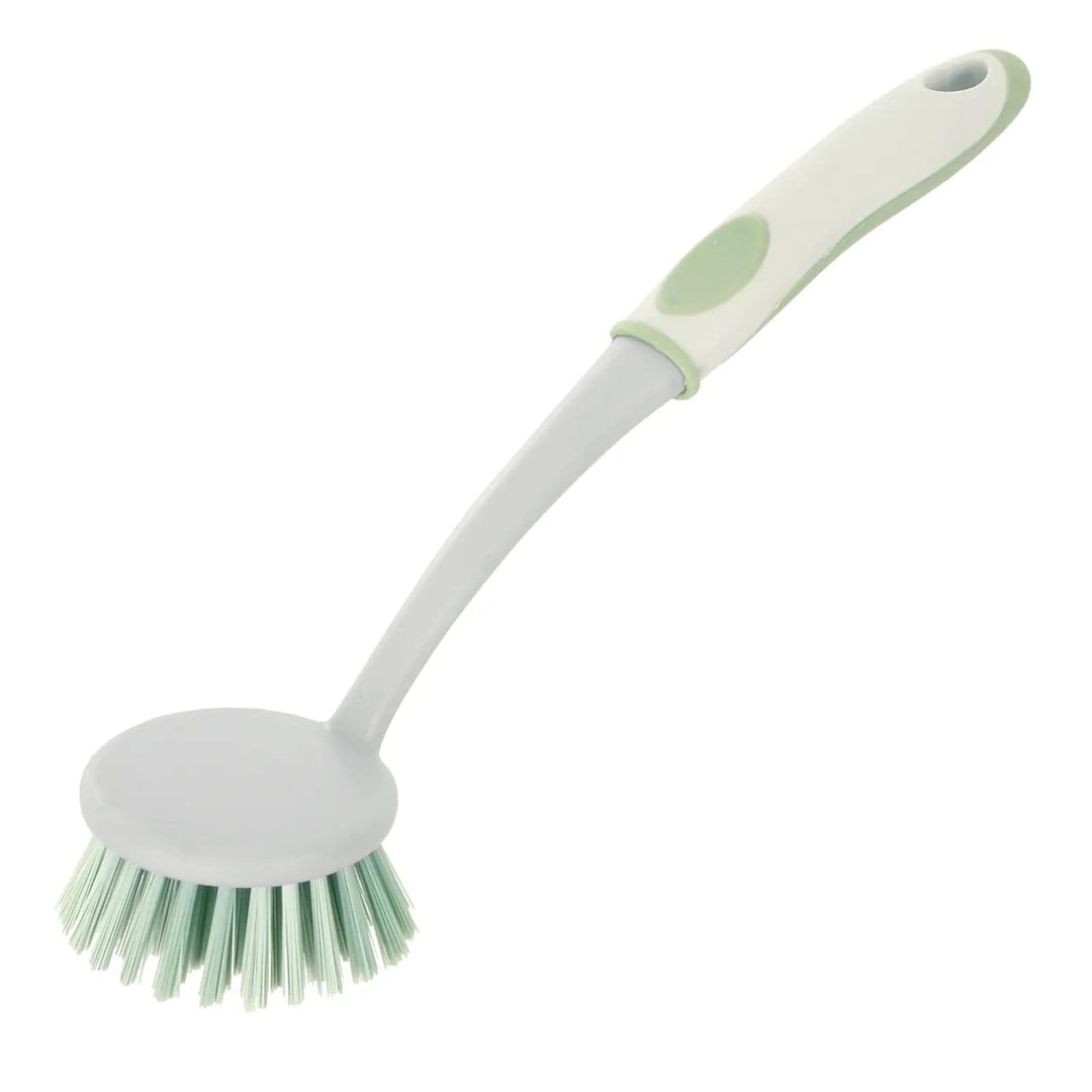 dish washing brush with roundhead, green bristles and grey handle with hanging hole