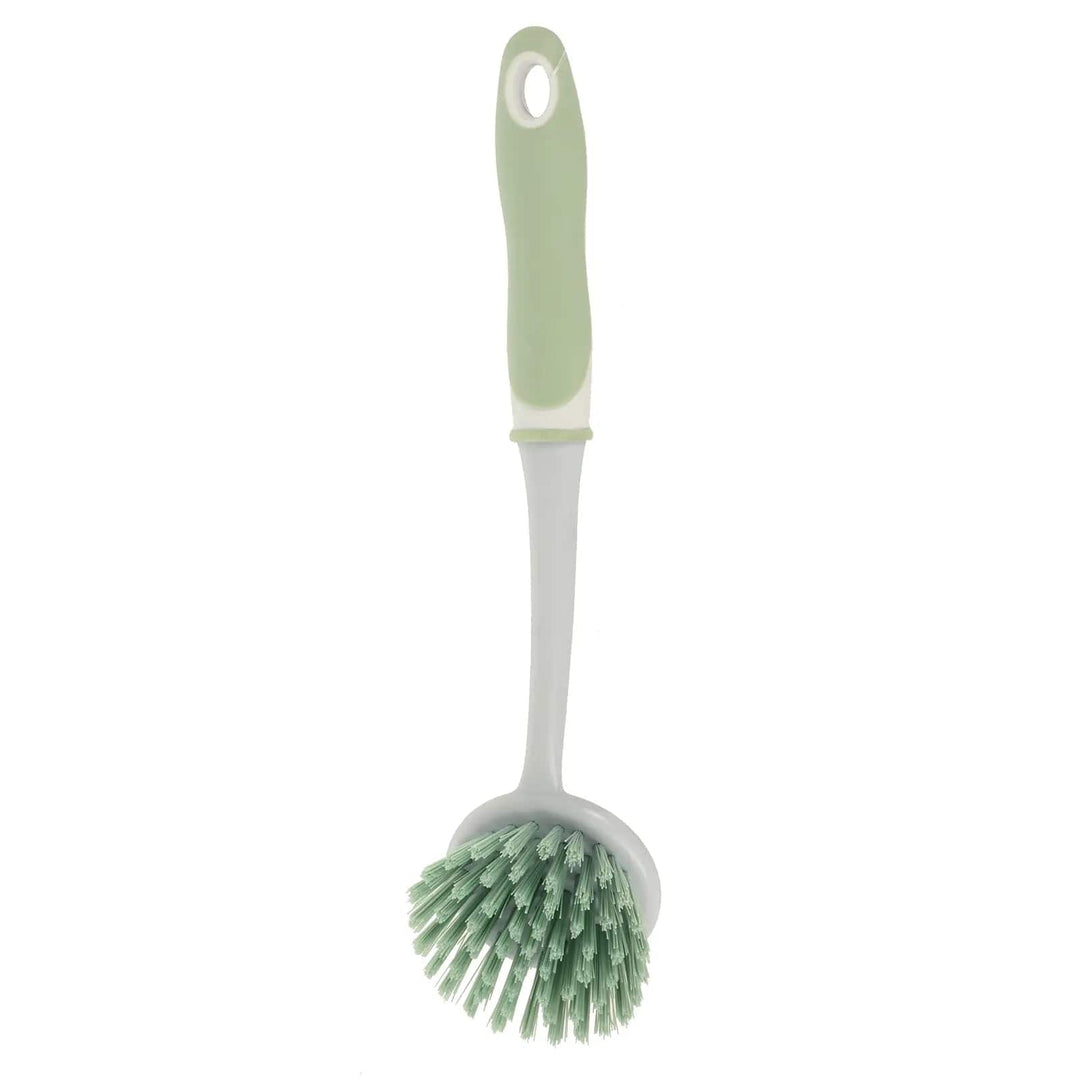 Rear view of a dish washing brush with sage green bristles and handle