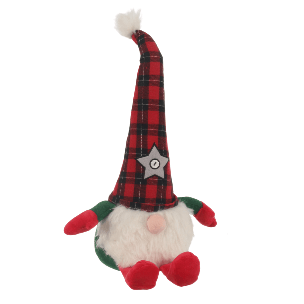 christmas gonk door stopper featuring red check hat with with embroidered star