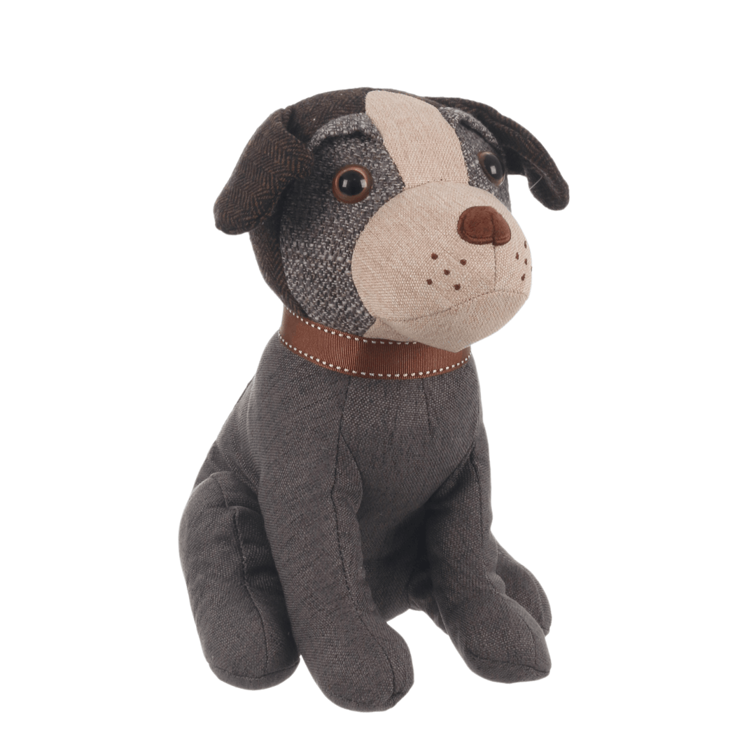 grey colour jack russell door stop with brown eyes nose and collar