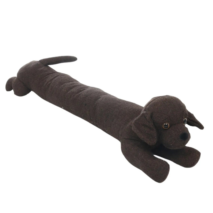 Chocolate Labrador design draught excluder in herringbone weave fabric