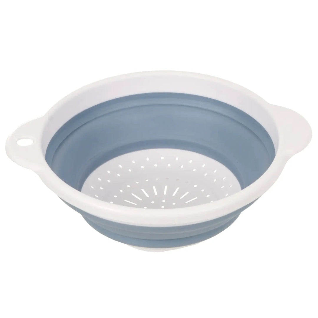 grey and white folding colander with 2 handles and a hanging hole