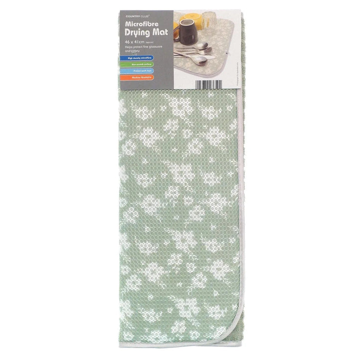 Microfibre drying mat in green with white floral pattern