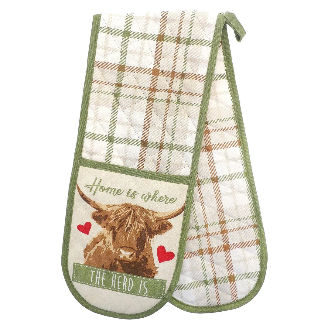 White, green and brown tartan double oven glove with Highland Cow and red hearts design