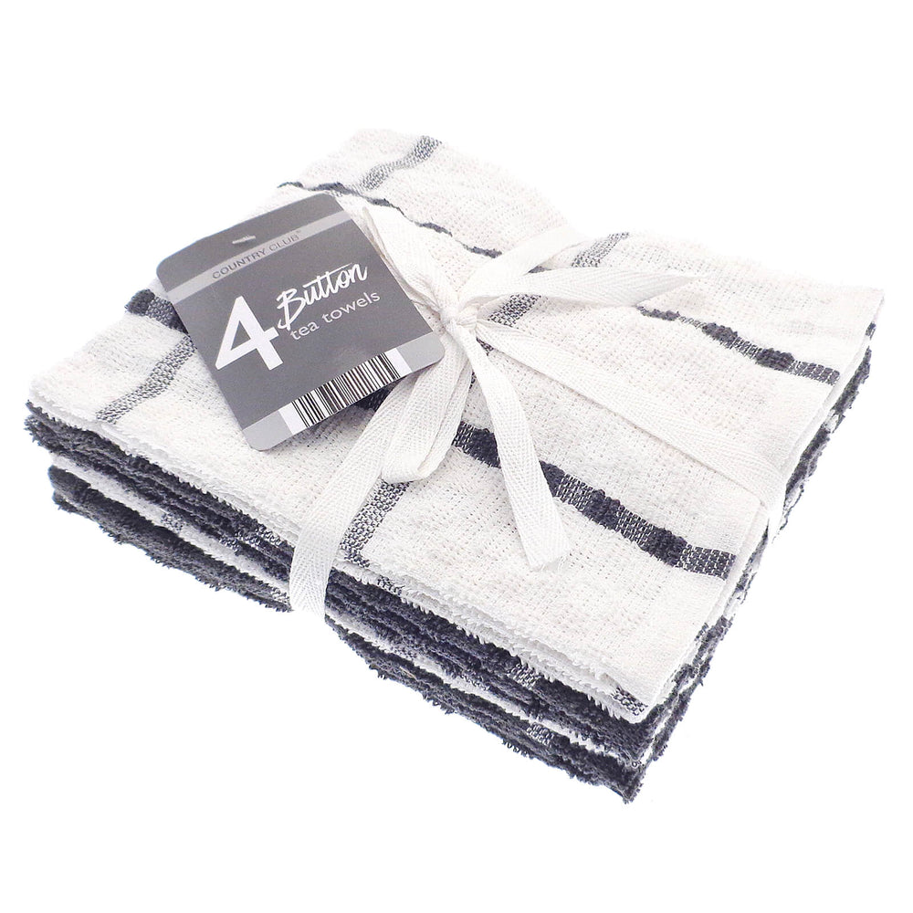 Button Terry Tea Towels Cotton Rich Dish Drying Cloths Pack Of 4 Black