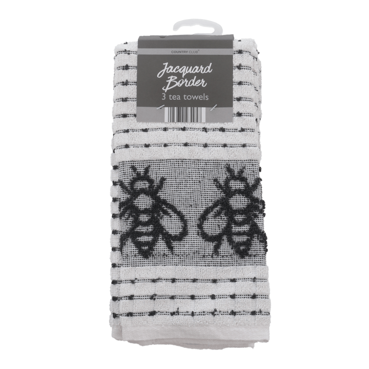 black bee design border jacquard tea towel