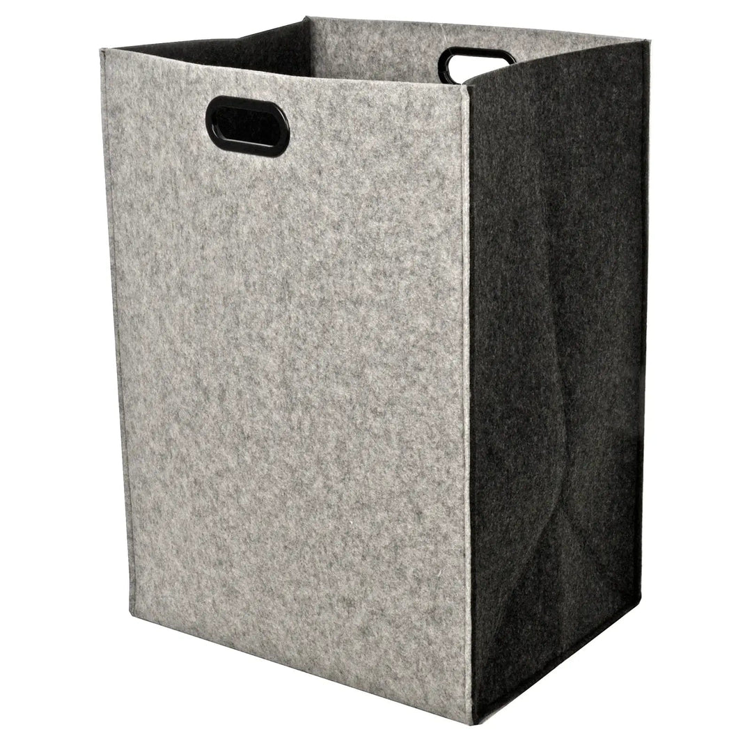 Back view of a light and dark grey felt laundry hamper with inset handles