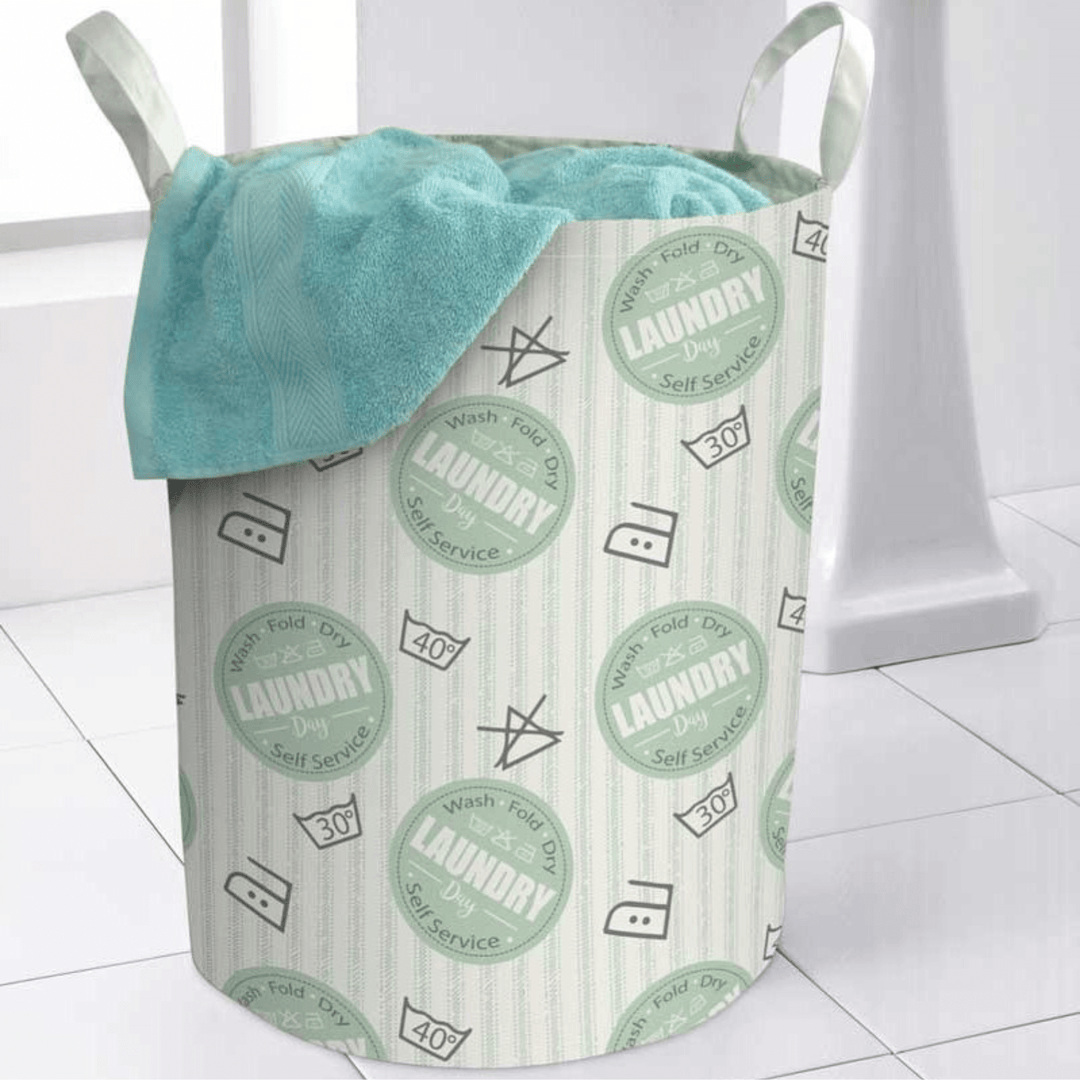 green laundry day self service pattern on laundry bag with teal towel inside