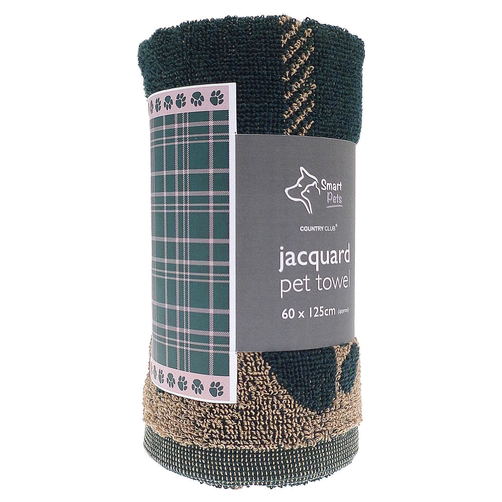 Green tartan Jaquard weave pet towel in packaging