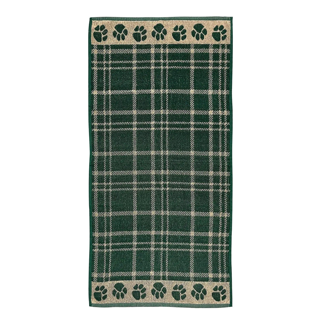 Dark green and tan tartan design pet towel with paw print border