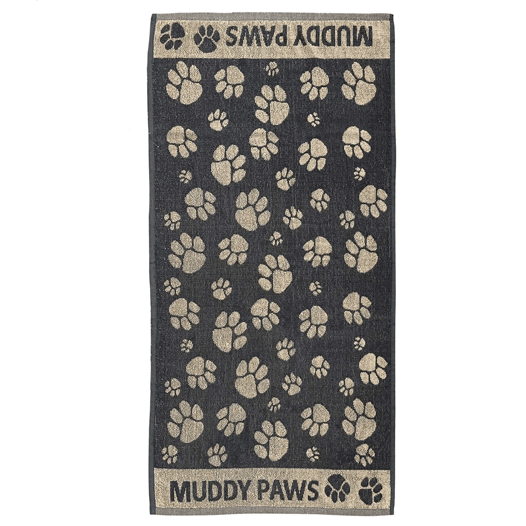 grey colour pet towel featuring all over paw print design with muddy paws slogan on border