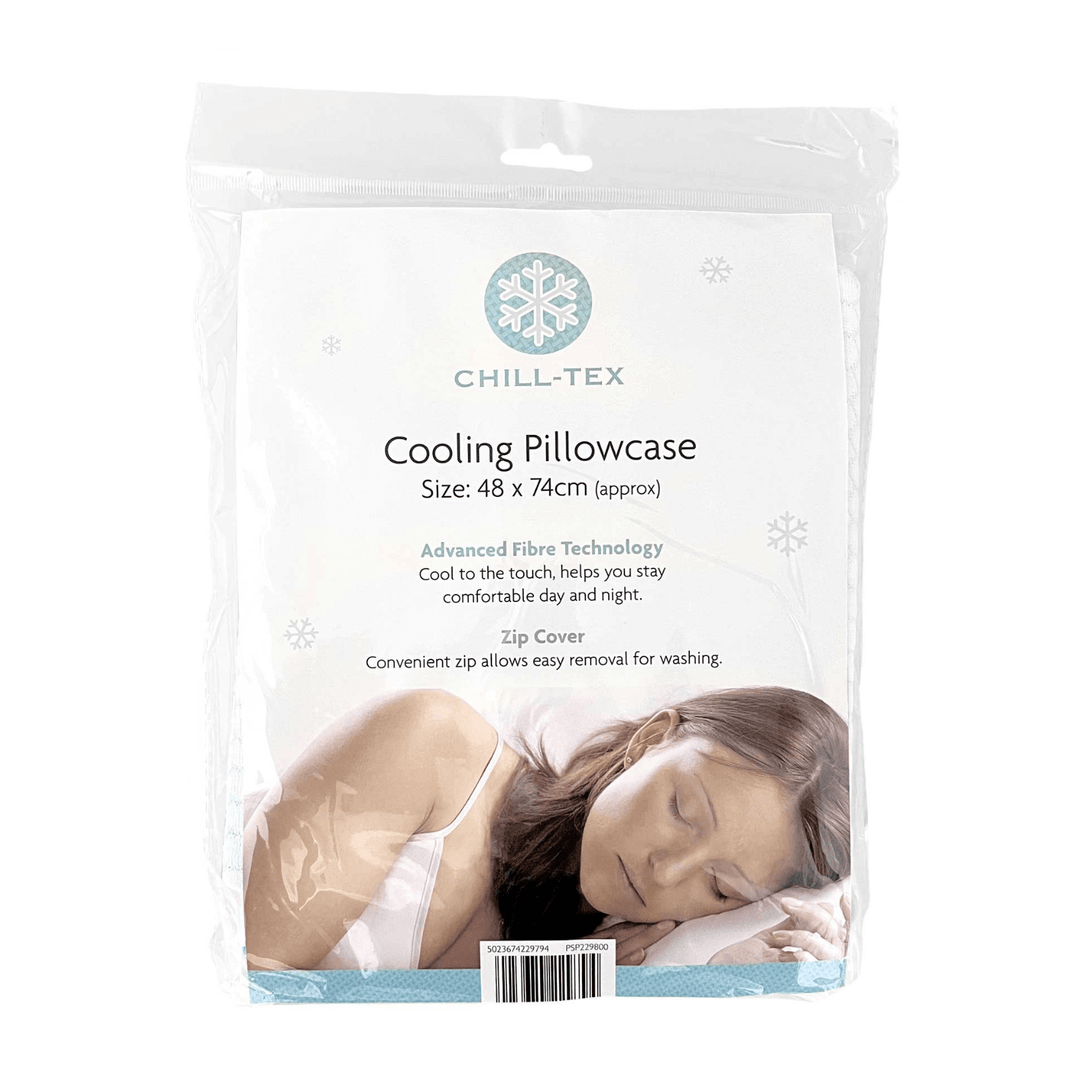 chill-tex cooling pillow case packaging featuring size details, and features