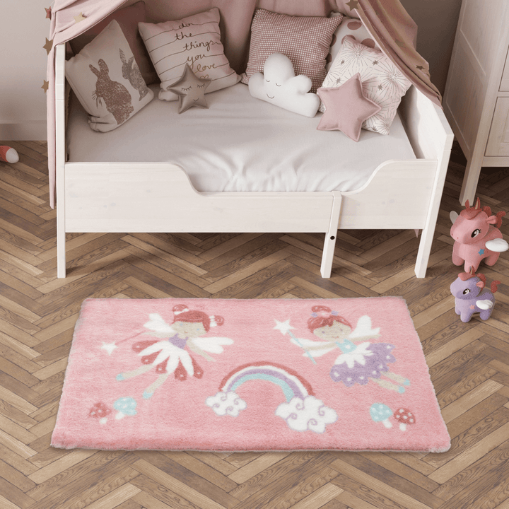 pink fairy design fluffy rug in kids bedroom