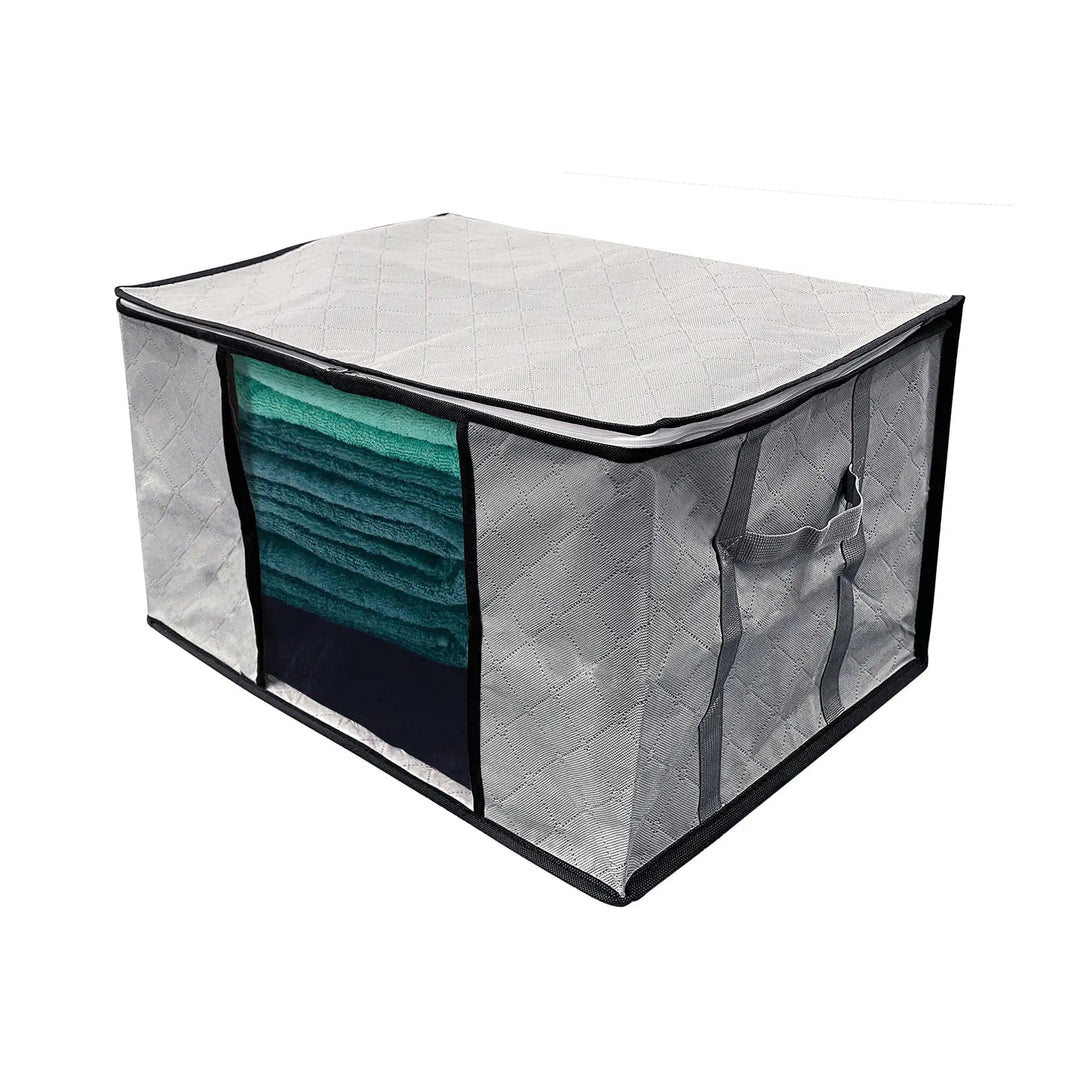 Grey storage bag with clear window panel and carry handles