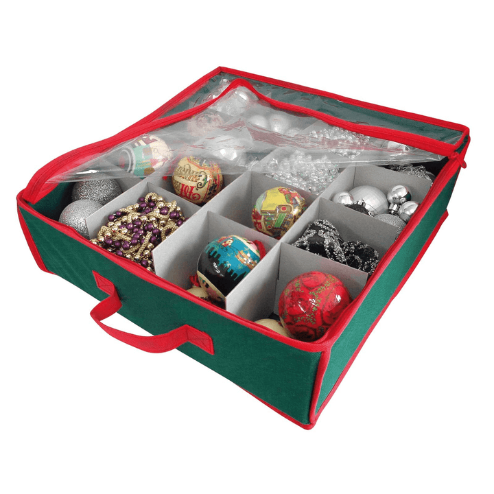 green and red fabric christmas decorations storage bag featuring compartments filled with tree baubles and garlands