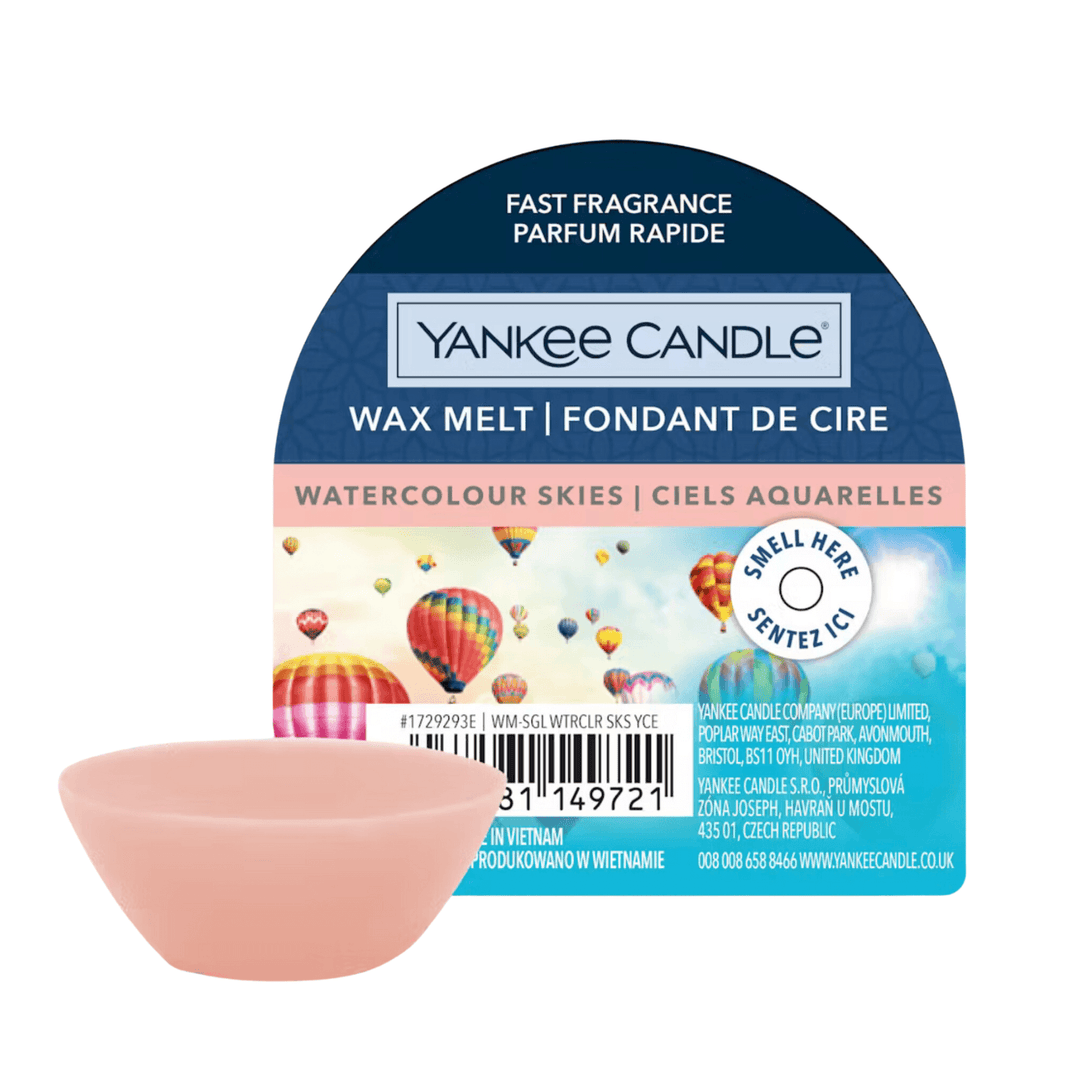 yankee candle watercolour skies max melt packaging with 1 pink wax melt cup