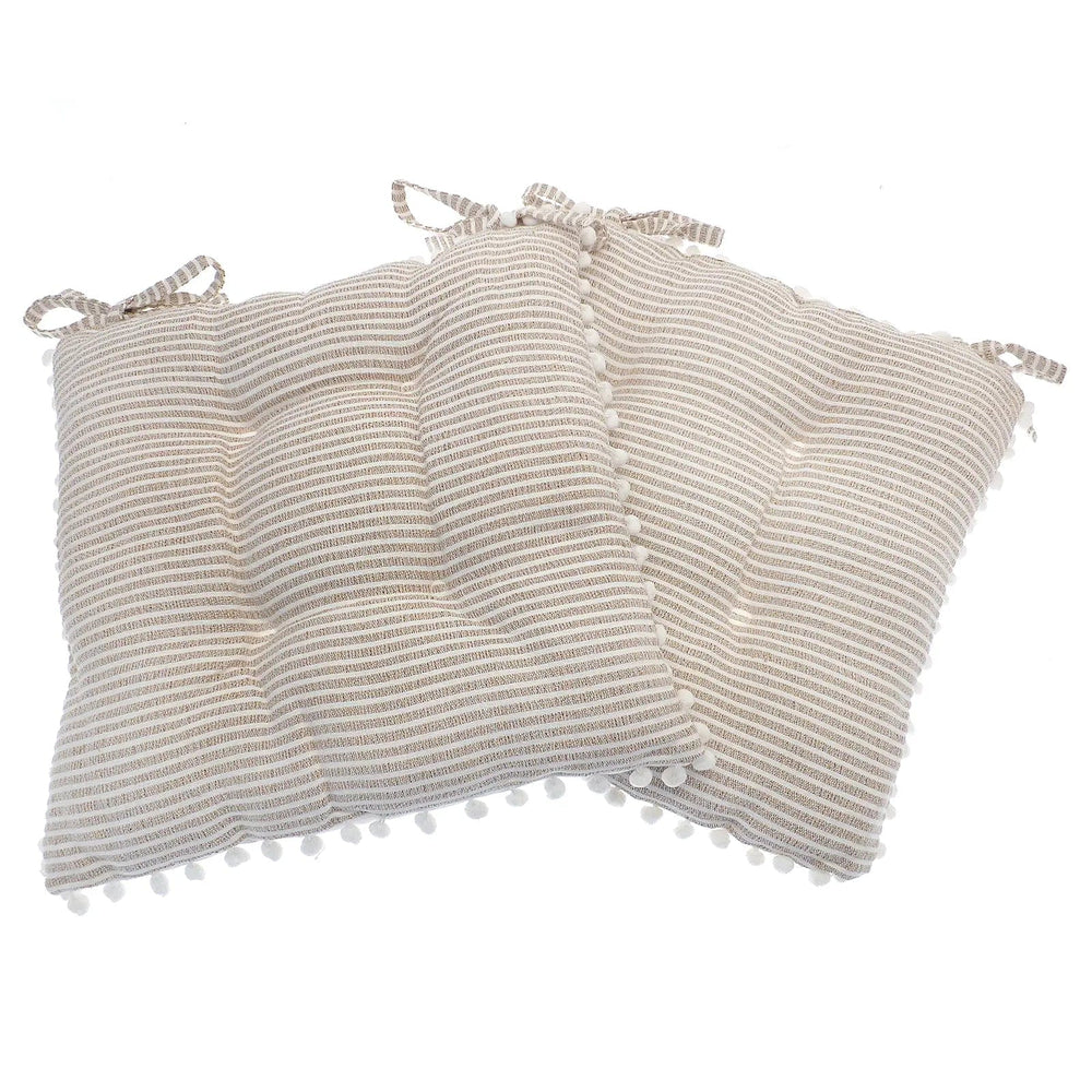 Beige and white studio stripe pattern set of 2 chair cushions with white pom pom fringe 