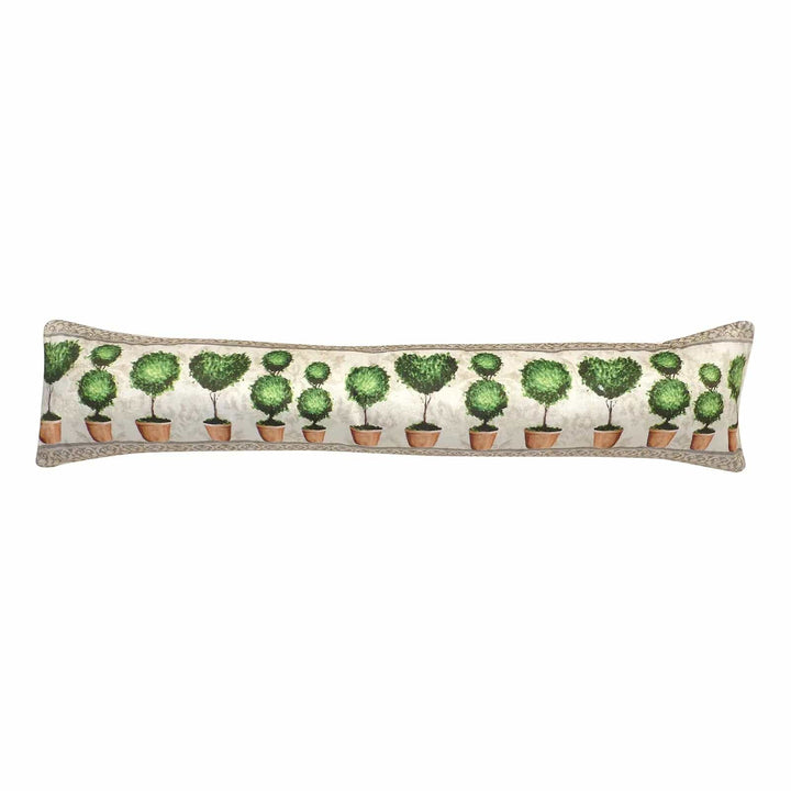 Draught excluder with potted topiary trees design in green and beige