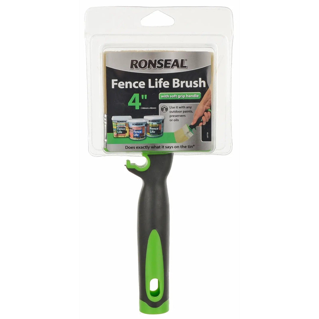 Ronseal 4" Fence Life Brush with black and green handle, securing clip and hanging hole