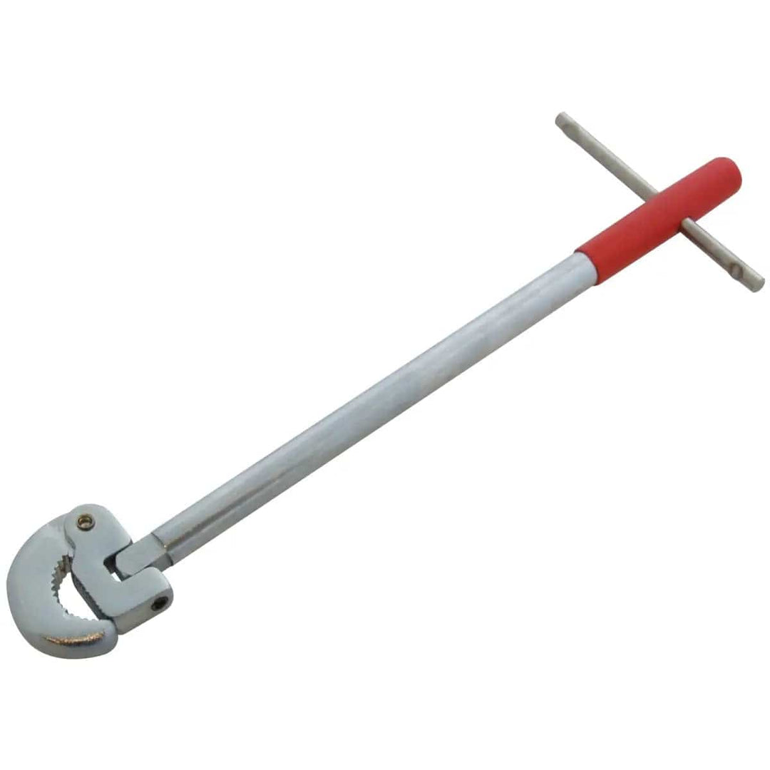 Adjustable basin wrench with steel tommy bar and serrated jaws