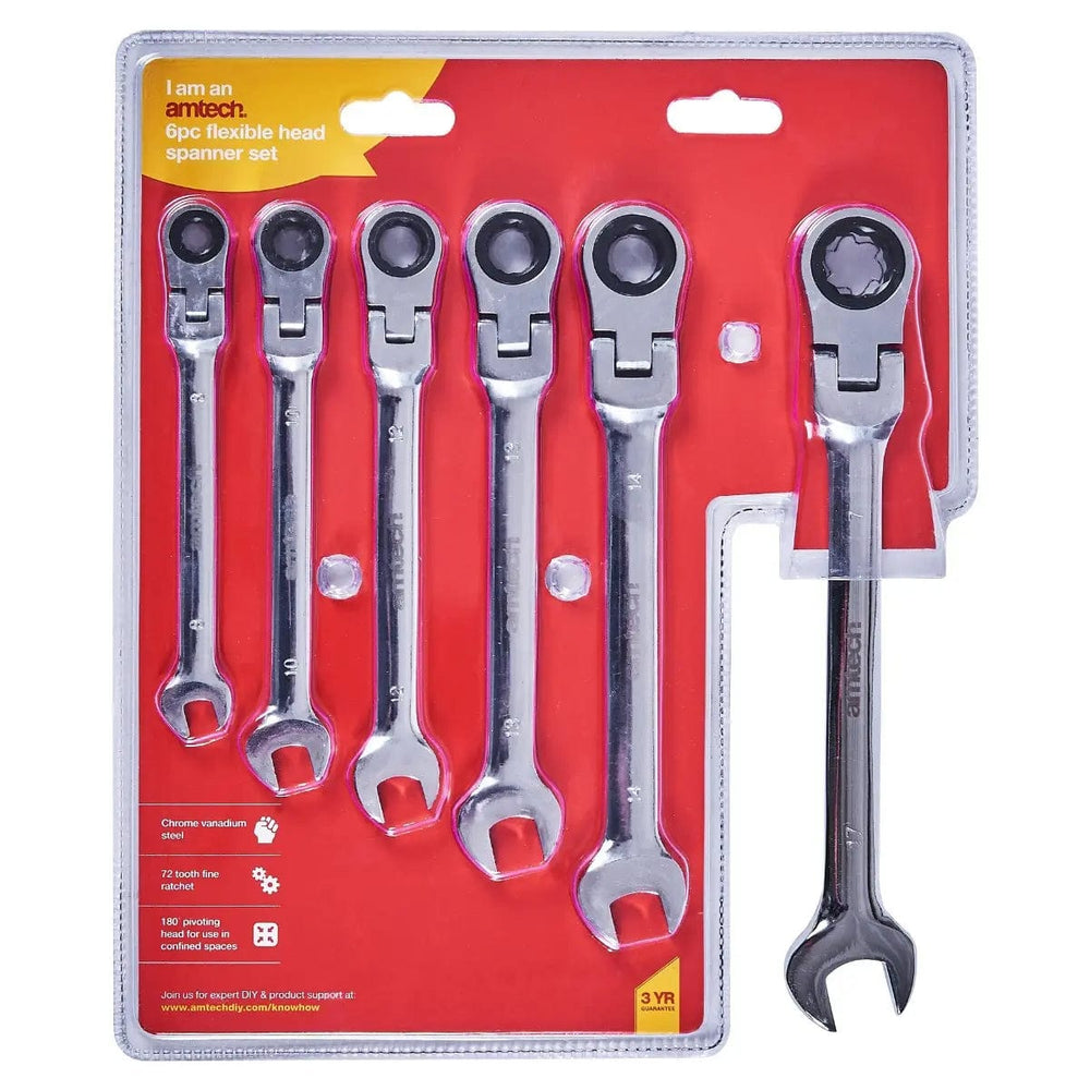 Packaging for Amtech set of six ratchet spanners with flexible heads