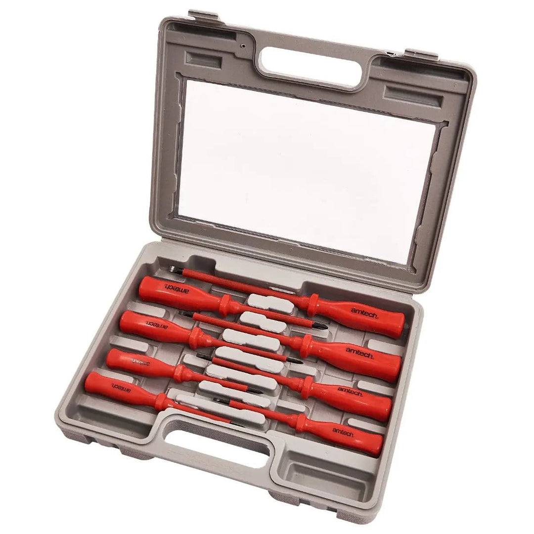 Grey case containing a set of 8 assorted screwdrivers with red handles